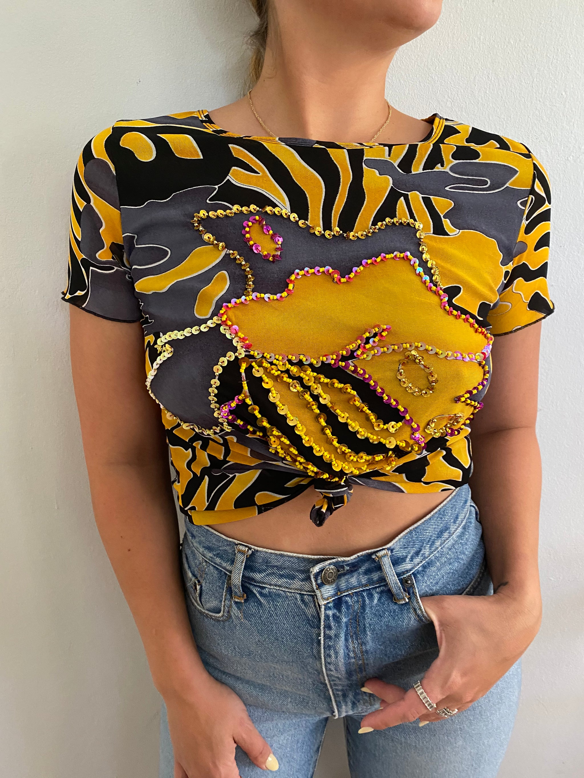 Vintage beaded mesh top